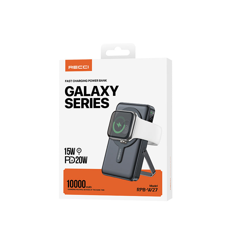 Recci RPB-W27 Galaxy Serisi Dijital LED Göstergeli Kablosuz Şarj Özellikli Type-C ve Lightning Kablolu Powerbank 20W 10.000mAh Gold