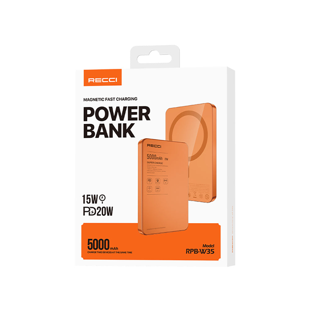 Recci RPB-W35 Ultra İnce PD 20W Hızlı Şarj Özellikli Wireless Powerbank 15W 5000mAh Turuncu