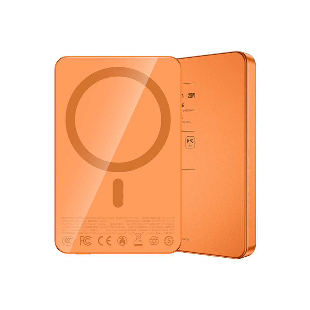 Recci RPB-W35 Ultra İnce PD 20W Hızlı Şarj Özellikli Wireless Powerbank 15W 5000mAh Turuncu