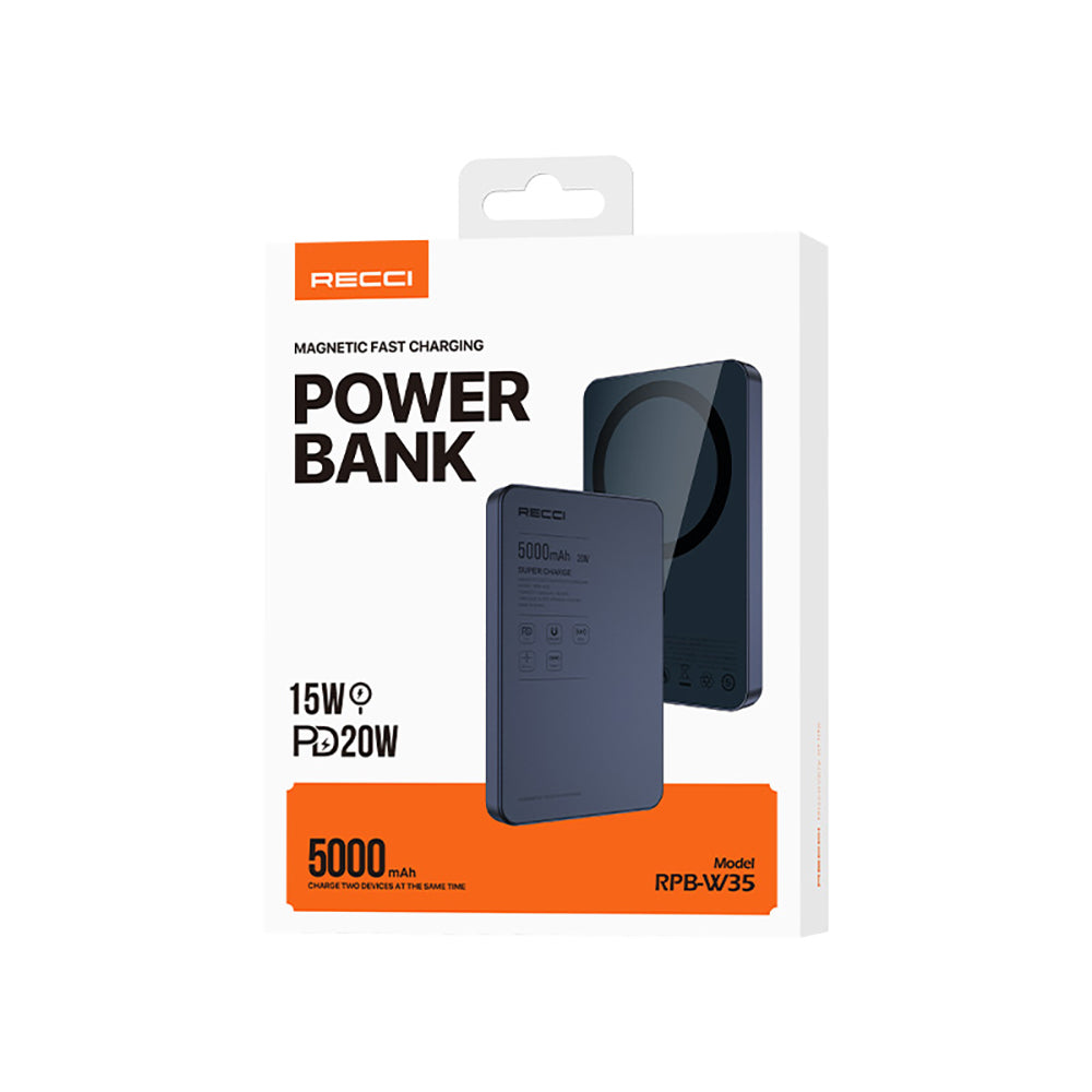 Recci RPB-W35 Ultra İnce PD 20W Hızlı Şarj Özellikli Wireless Powerbank 15W 5000mAh Mavi
