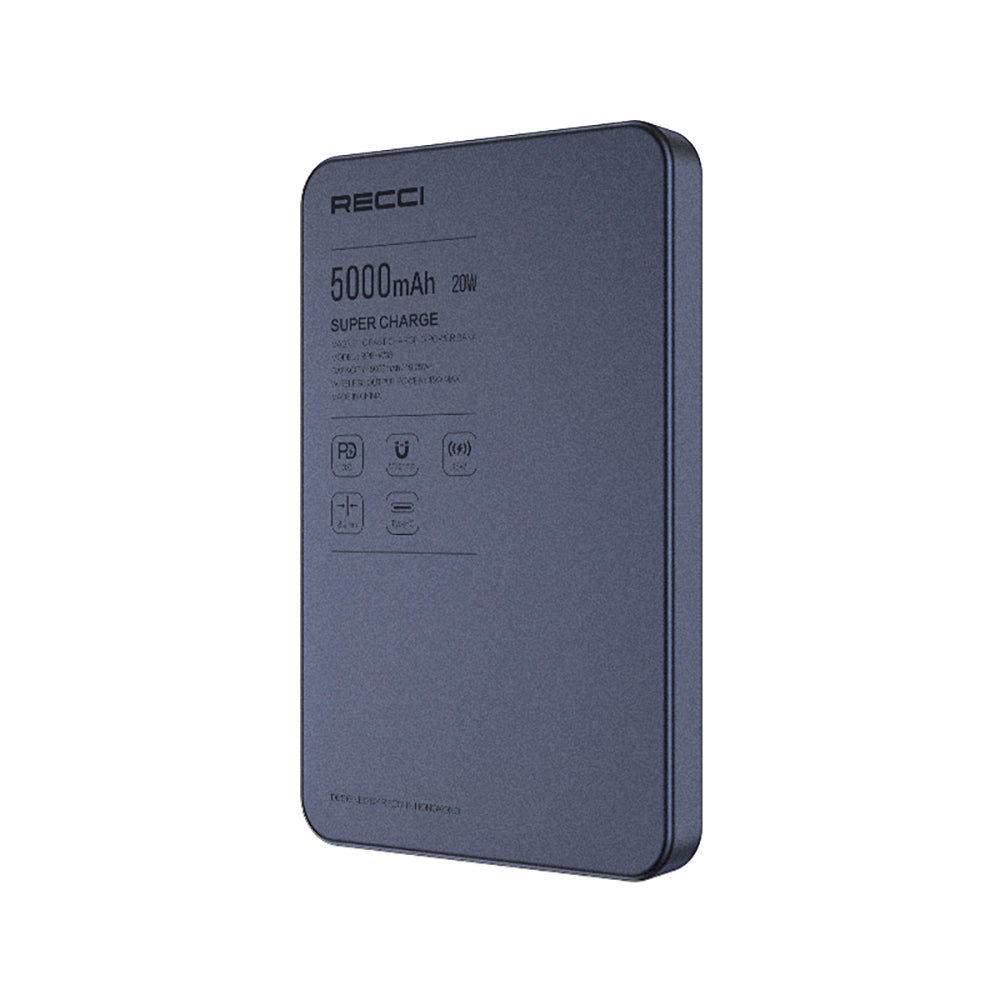Recci RPB-W35 Ultra İnce PD 20W Hızlı Şarj Özellikli Wireless Powerbank 15W 5000mAh Mavi