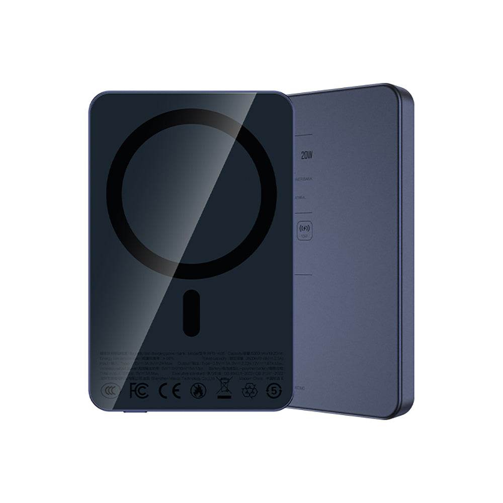 Recci RPB-W35 Ultra İnce PD 20W Hızlı Şarj Özellikli Wireless Powerbank 15W 5000mAh Mavi