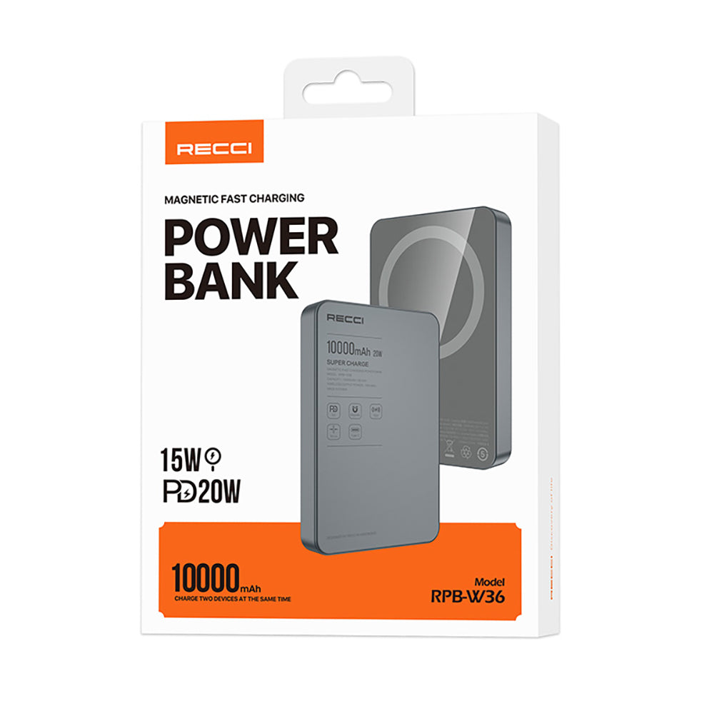 Recci RPB-W36 Ultra İnce PD 20W Hızlı Şarj Özellikli Wireless Powerbank 15W 10000mAh Gri