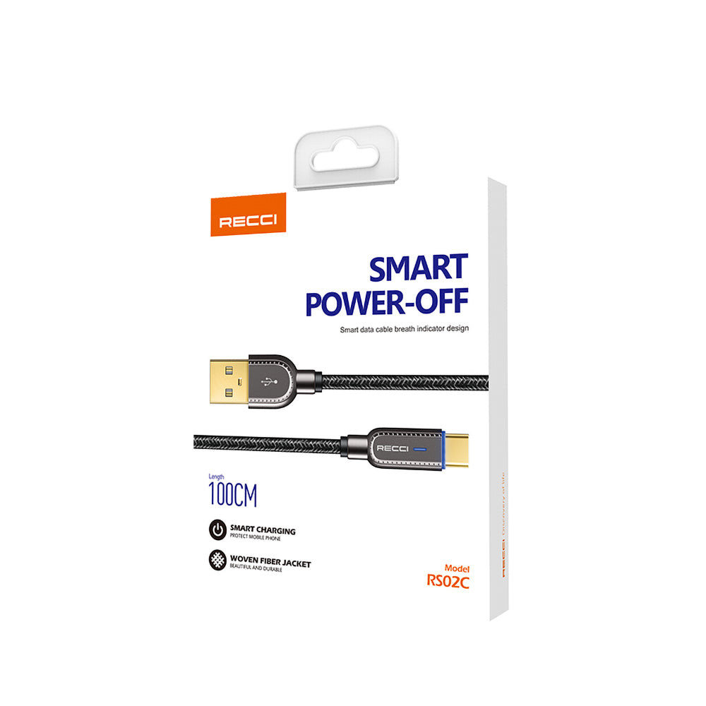 Recci RS02C Smart Power-Off Serisi Hızlı Şarj Özellikli USB-A To Type-C Kablo 1M Siyah