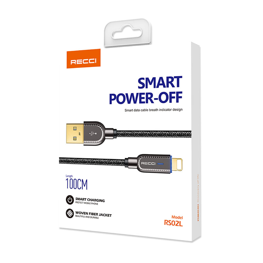 Recci RS02L Smart Power-Off Serisi Hızlı Şarj Özellikli Lightning To USB-A Kablo 1M Siyah