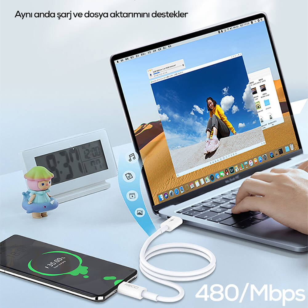Recci RS06CC Type-C to Type-C PD 65W Hızlı Şarj Özellikli Data ve Şarj Kablosu 1M Beyaz