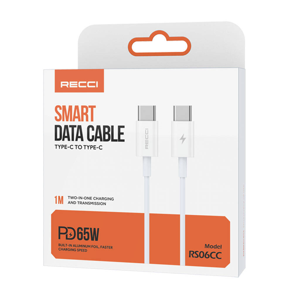 Recci RS06CC Type-C to Type-C PD 65W Hızlı Şarj Özellikli Data ve Şarj Kablosu 1M Beyaz