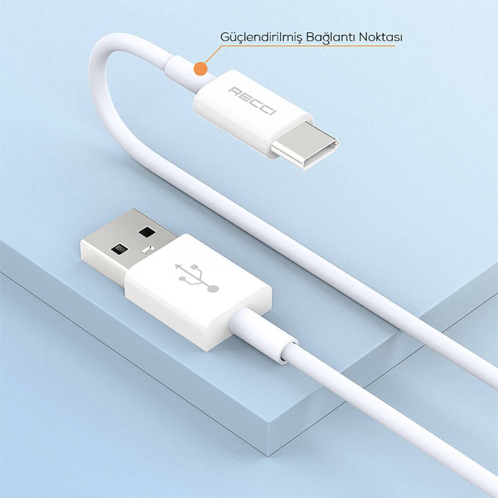 Recci RS06C USB-A to Type-C 3A Hızlı Şarj Özellikli Data ve Şarj Kablosu 1M Beyaz