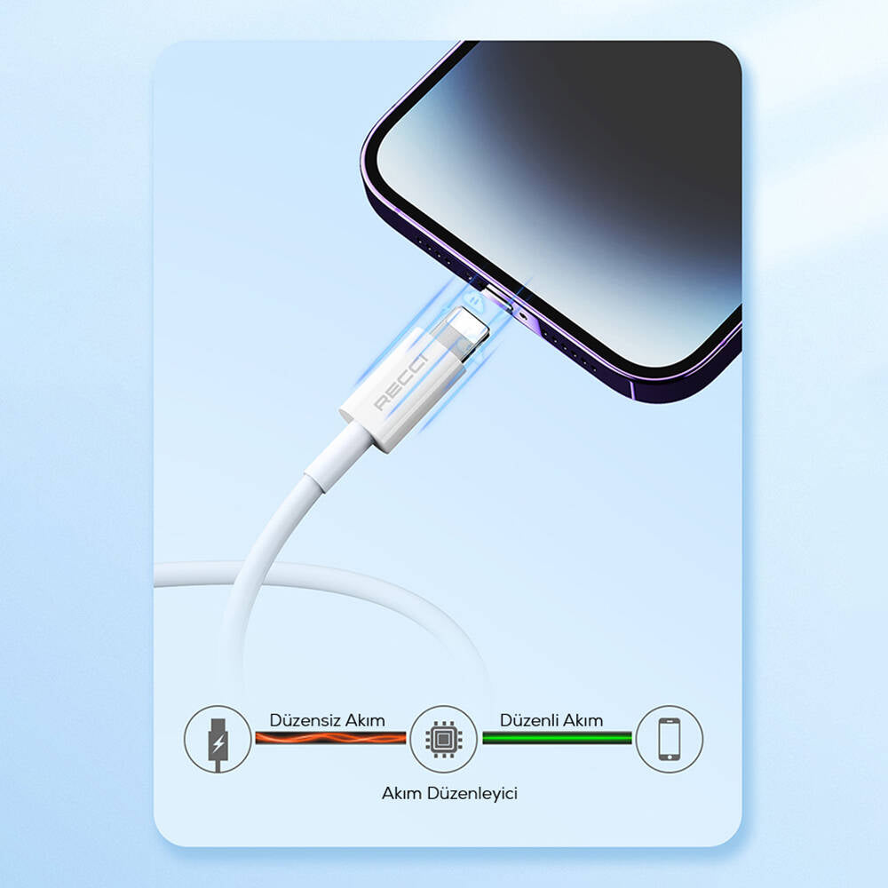 Recci RS06L USB-A to Lightning 2.4A Hızlı Şarj Özellikli Data ve Şarj Kablosu 1M Beyaz