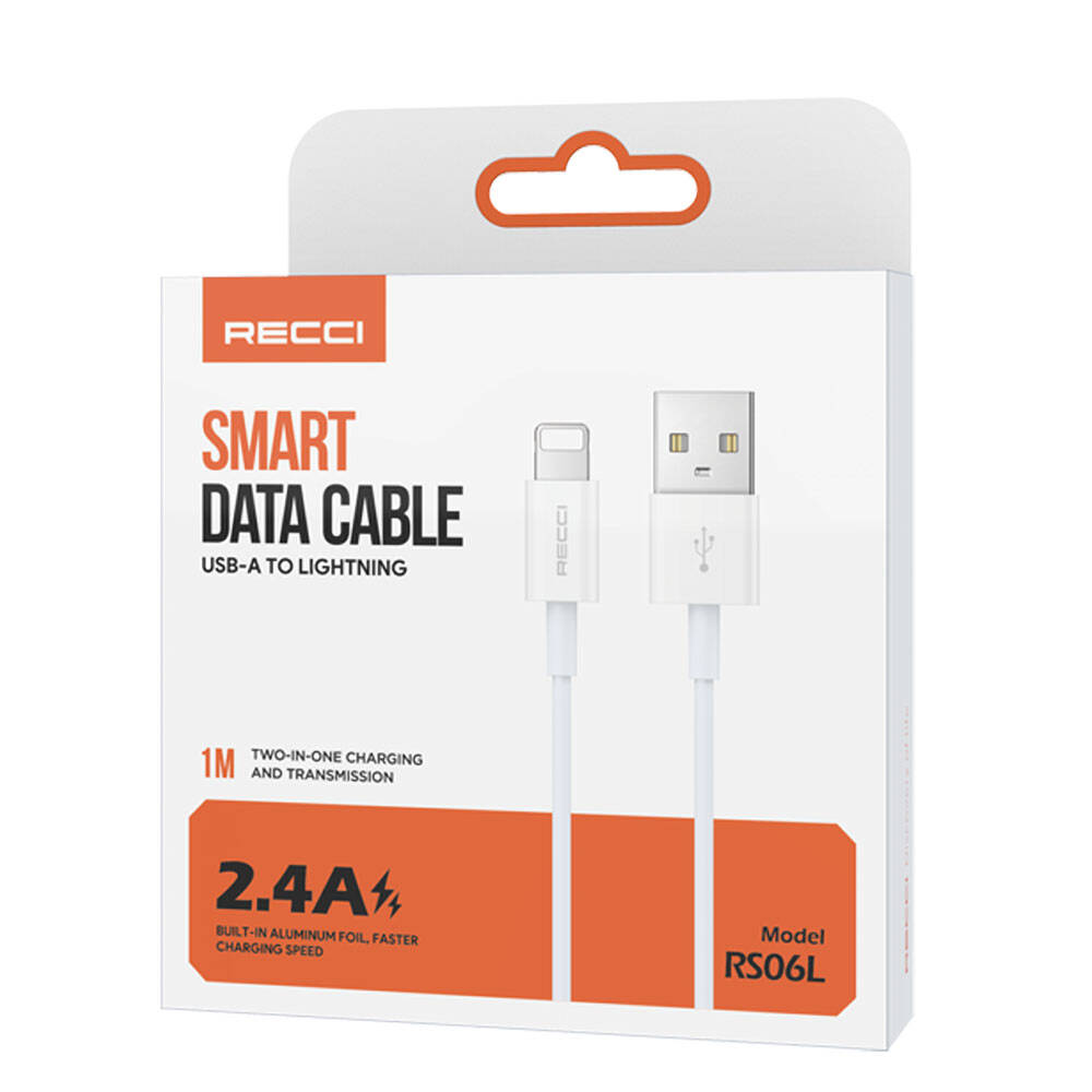 Recci RS06L USB-A to Lightning 2.4A Hızlı Şarj Özellikli Data ve Şarj Kablosu 1M Beyaz