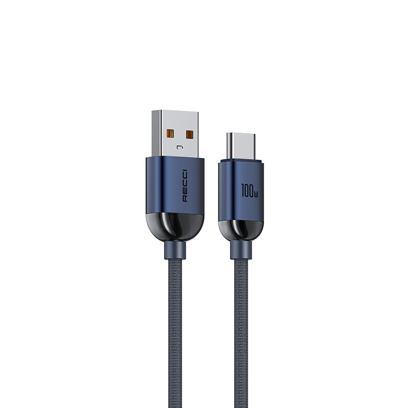 Recci RS09C Crystal Serisi 100W Hızlı Şarj Özellikli USB-A To Type-C Kablo 1.2M Mavi