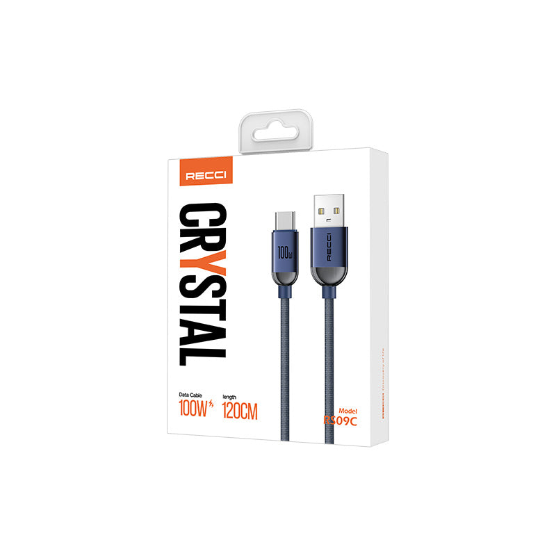 Recci RS09C Crystal Serisi 100W Hızlı Şarj Özellikli USB-A To Type-C Kablo 1.2M Mavi