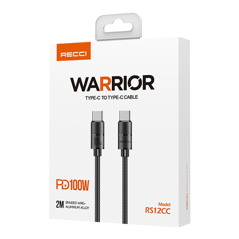 Recci RS12CC Warrior Serisi 100W Hızlı Şarj Özellikli Type-C To Type-C PD Kablo 2M Gri