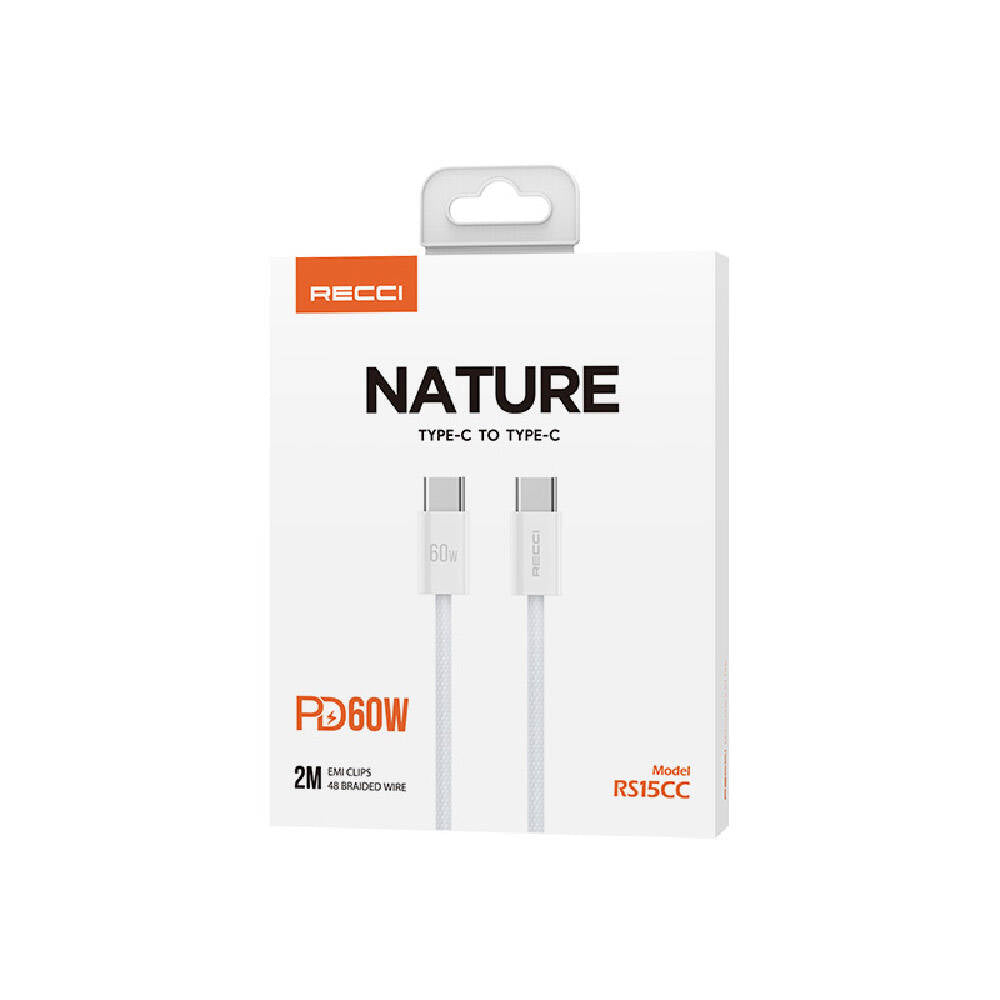 Recci RS15CC Nature Serisi 60W Hızlı Şarj Özellikli Type-C To Type-C PD Kablo 2M Beyaz