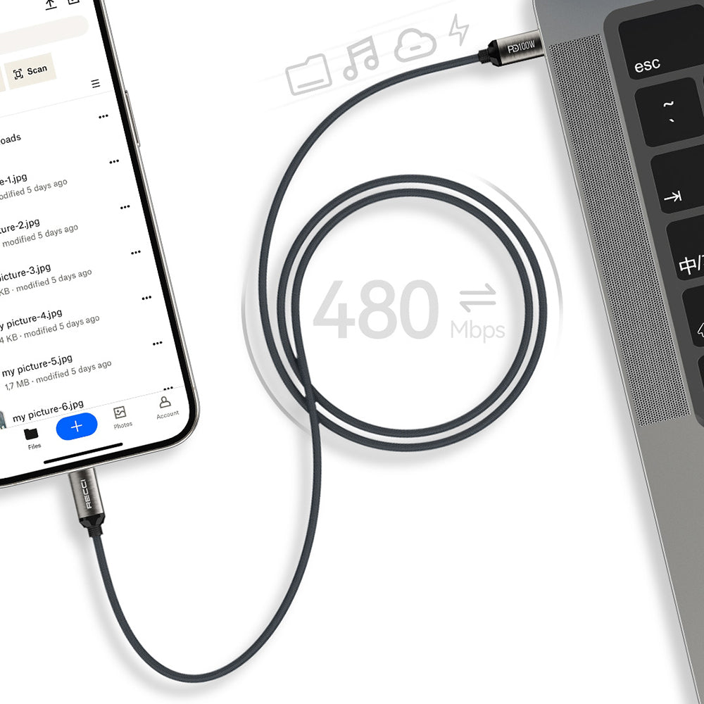 Recci RS45CC Type-C to Type-C PD 100W Örgü Tasarımlı Hızlı Şarj Özellikli Data ve Şarj Kablosu 1M Gri