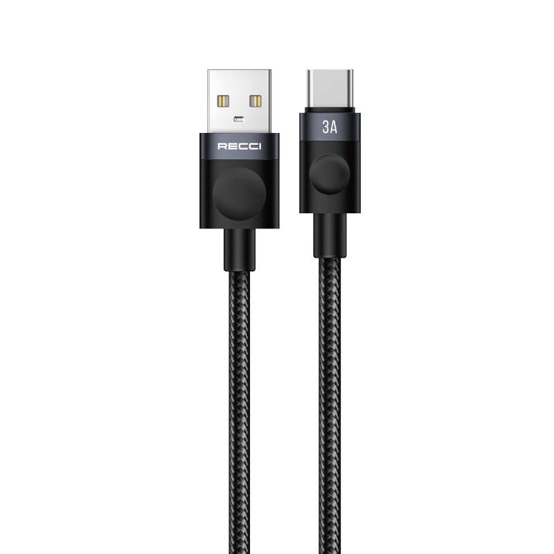 Recci RS50C USB-A to Type-C Örgü Tasarımlı Hızlı Şarj Özellikli Data ve Şarj Kablosu 1M Siyah