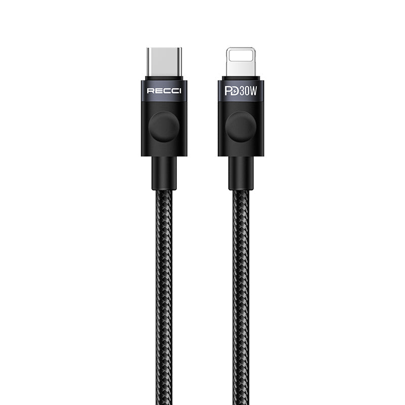 Recci RS50CL Type-C to Lightning PD Örgü Tasarımlı Hızlı Şarj Özellikli Data ve Şarj Kablosu 30W 1M Siyah