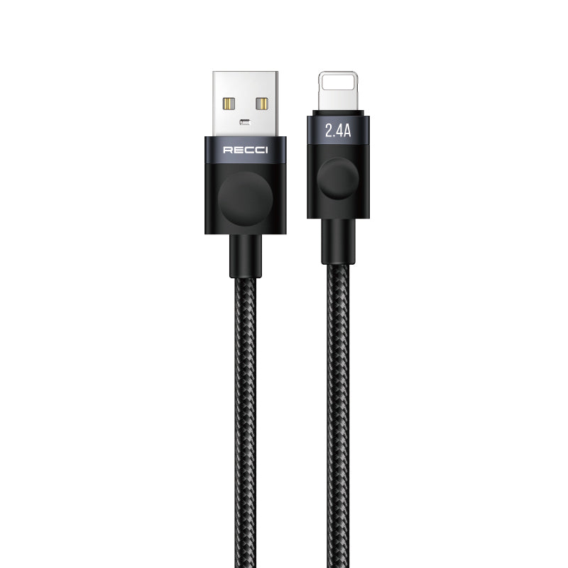 Recci RS50L USB-A to Lightning Örgü Tasarımlı Hızlı Şarj Özellikli Data ve Şarj Kablosu 1M Siyah