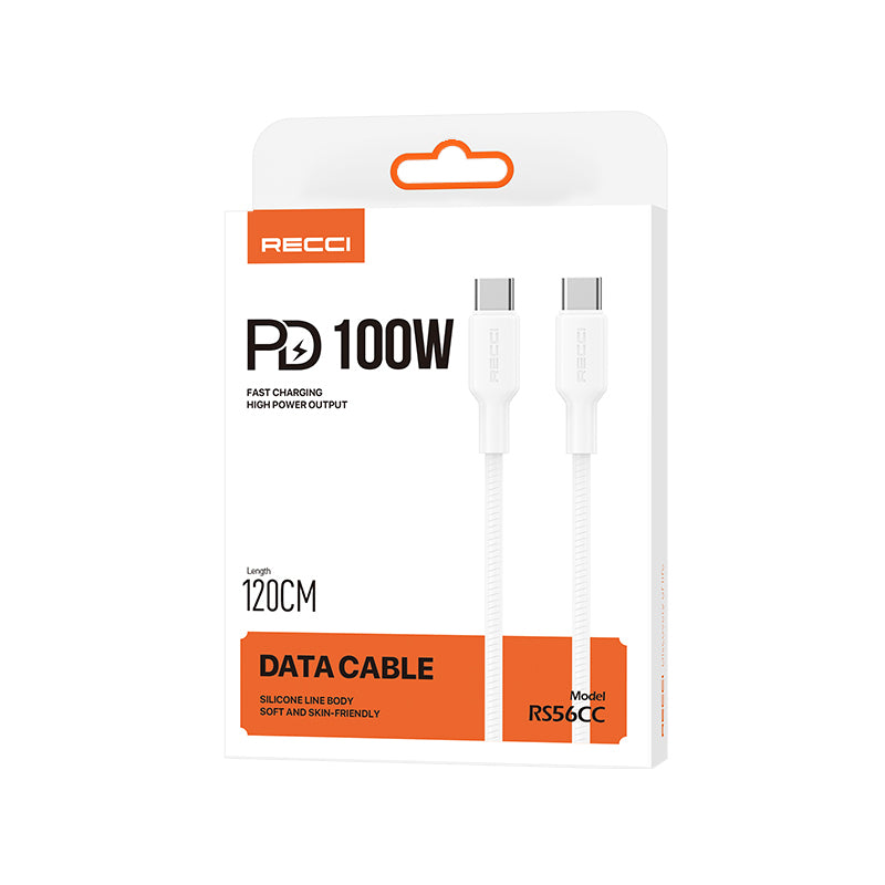 Recci RS56CC Type-C to Type-C PD Hızlı Şarj Özellikli Data ve Şarj Kablosu 100W 1.2M Beyaz