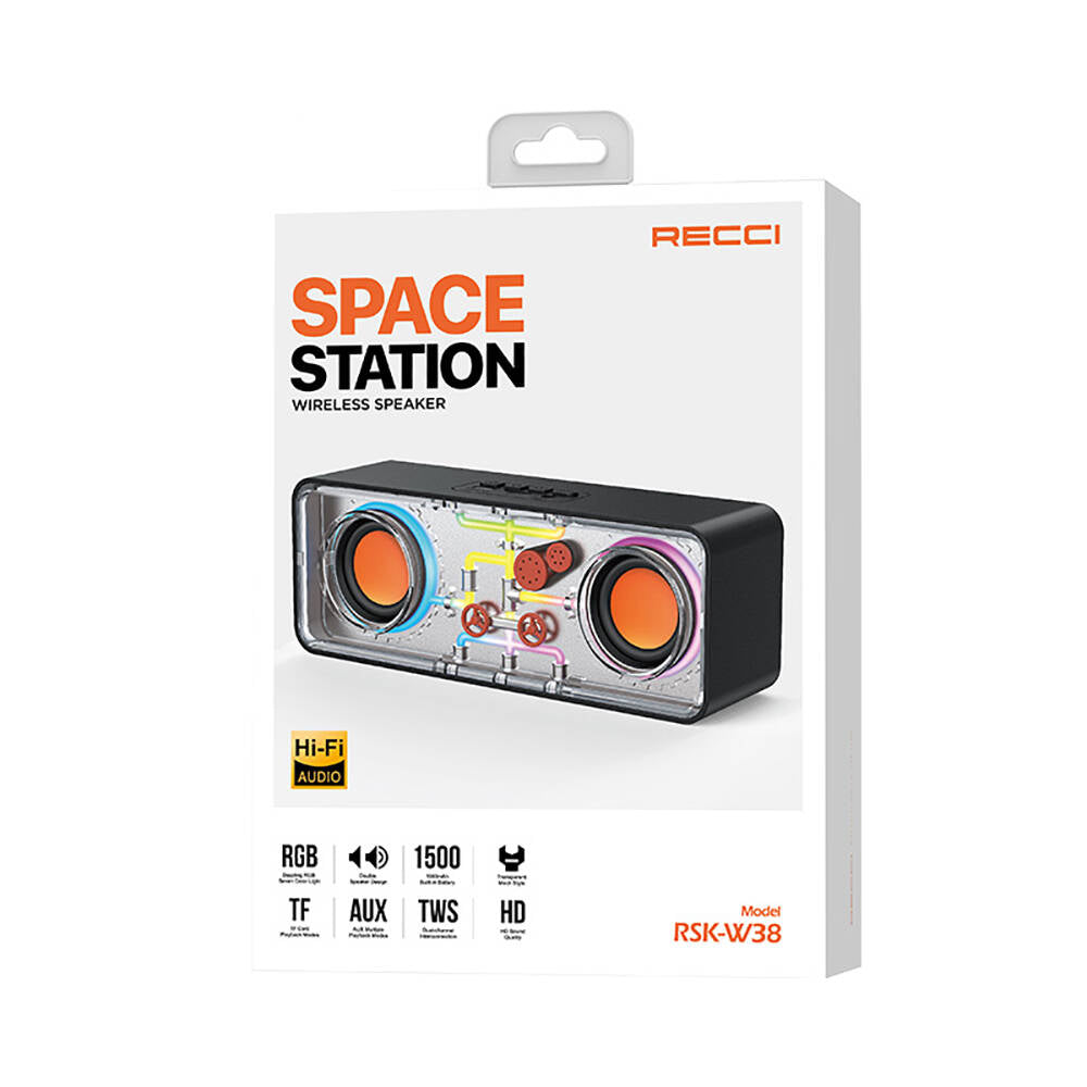 Recci RSK-W38 Space Station Serisi RGB Led Işıklı Bluetooth Hoparlör FM Radio Özellikli Beyaz