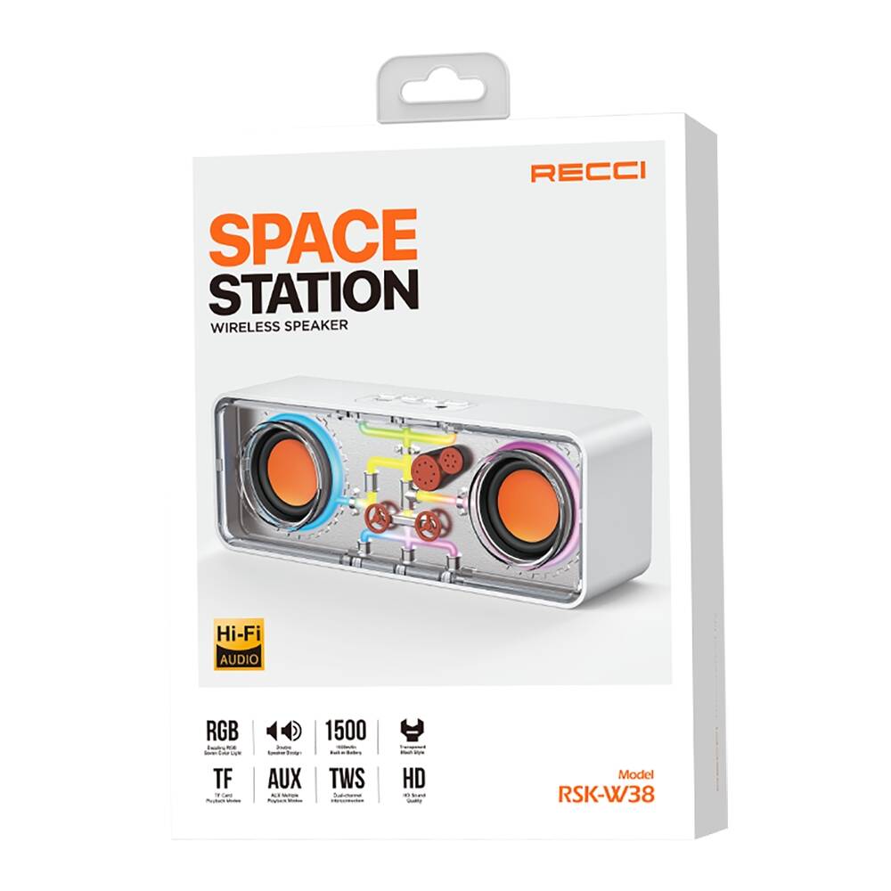 Recci RSK-W38 Space Station Serisi RGB Led Işıklı Bluetooth Hoparlör FM Radio Özellikli Beyaz