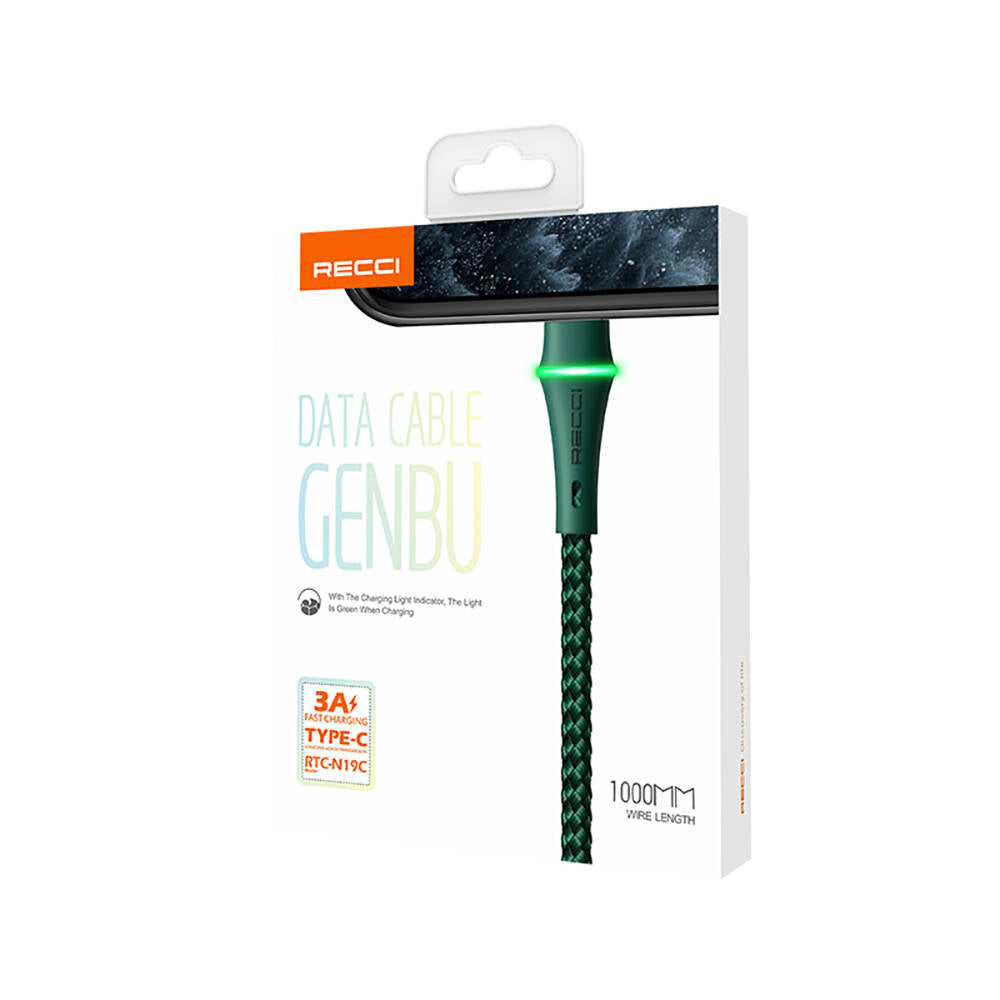Recci RTC-N19C Genbu Serisi USB-A to Type-C 3A Hızlı Şarj Özellikli Şarj ve Data Kablosu 1M Yeşil