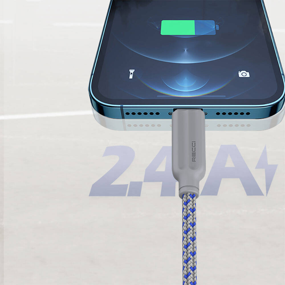 Recci RTC-N23L 2.4A Hızlı Şarj Özellikli Lightning to USB-A Kablo 1M Mavi