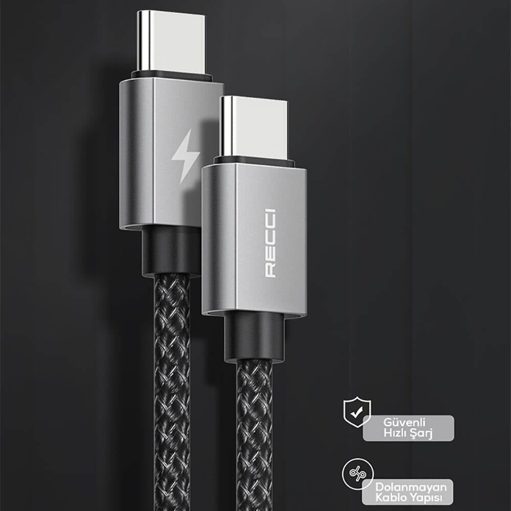 Recci RTC-P08CC Type-C to Type-C PD 100W 5A Hızlı Şarj Naylon Örgü Tasarım Şarj ve Data Kablosu 1.5M Siyah