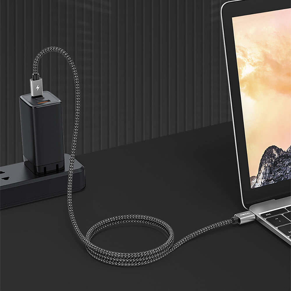 Recci RTC-P08CC Type-C to Type-C PD 100W 5A Hızlı Şarj Naylon Örgü Tasarım Şarj ve Data Kablosu 1.5M Siyah