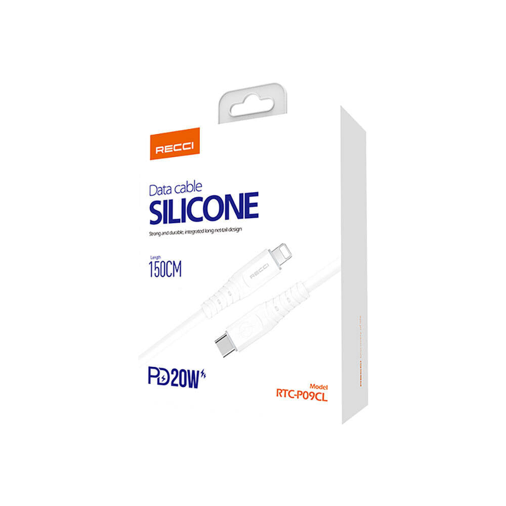 Recci RTC-P09CL Silicone Serisi 20W Hızlı Şarj Özellikli Type-C To Lightning PD Kablo 1.5M Beyaz