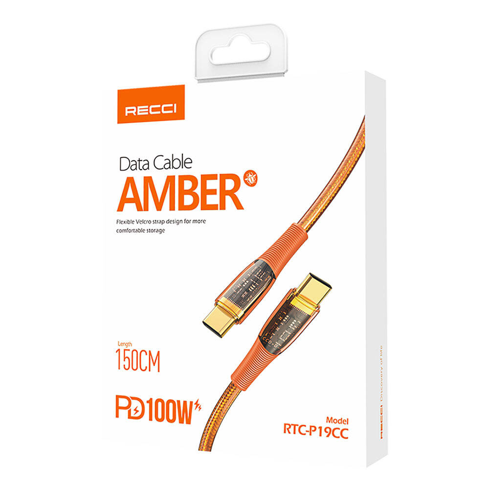 Recci RTC-P19CC Amber Serisi Type-C to Type-C PD 100W Şeffaf Tasarım Şarj ve Data Kablosu 1.5M Turuncu