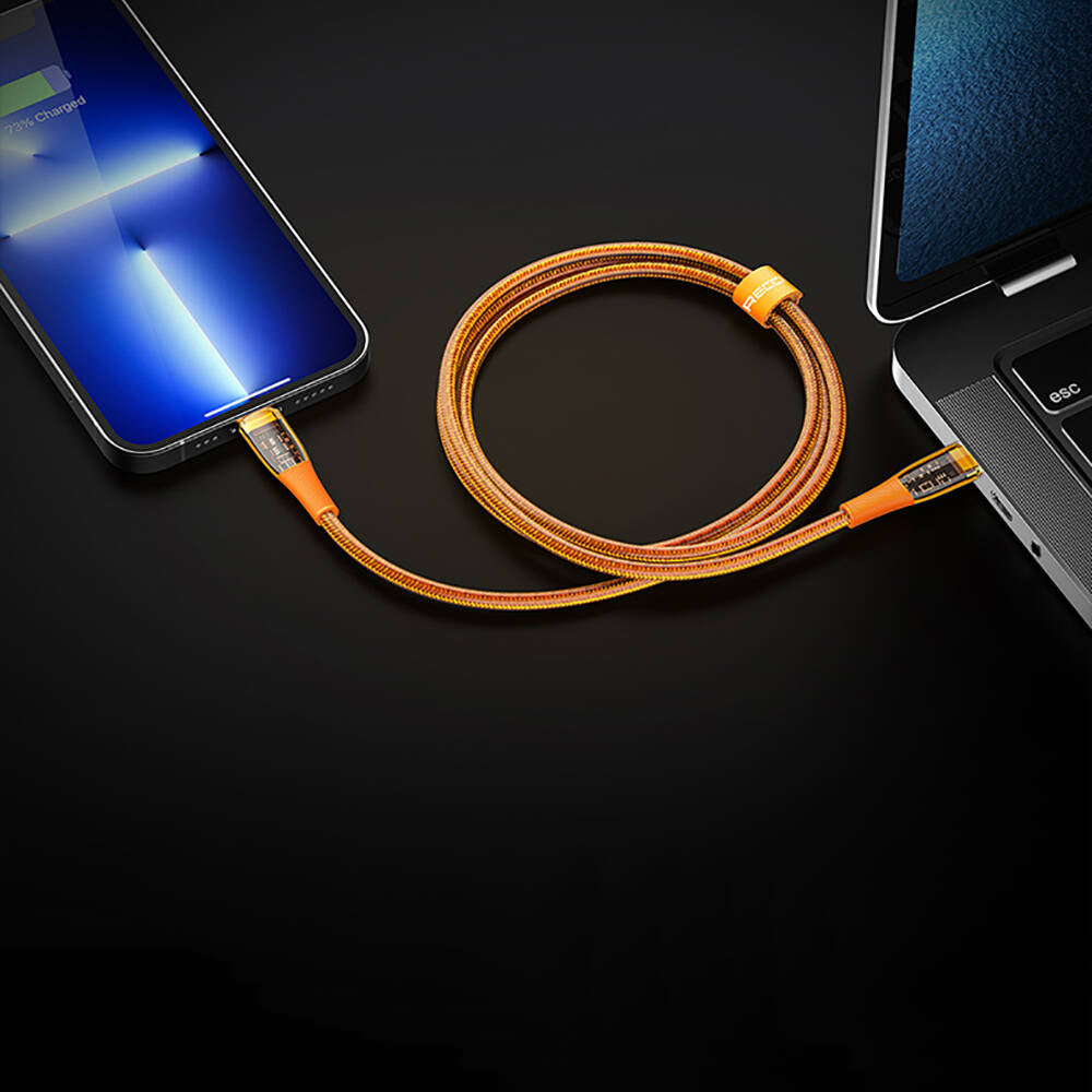 Recci RTC-P19CC Amber Serisi Type-C to Type-C PD 100W Şeffaf Tasarım Şarj ve Data Kablosu 1.5M Turuncu