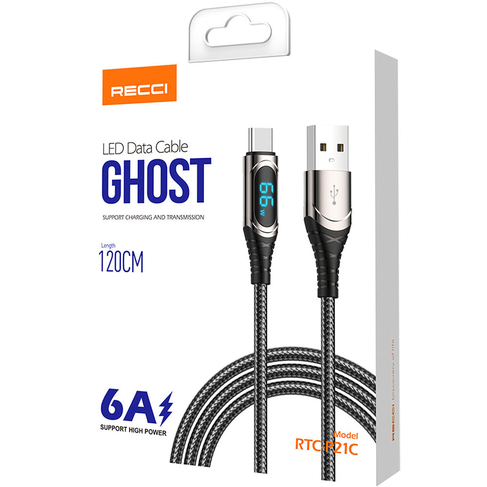 Recci RTC-P21C Ghost Serisi 66W 6A Hızlı Şarj Özellikli USB-A To Type-C Kablo 1.2M Siyah