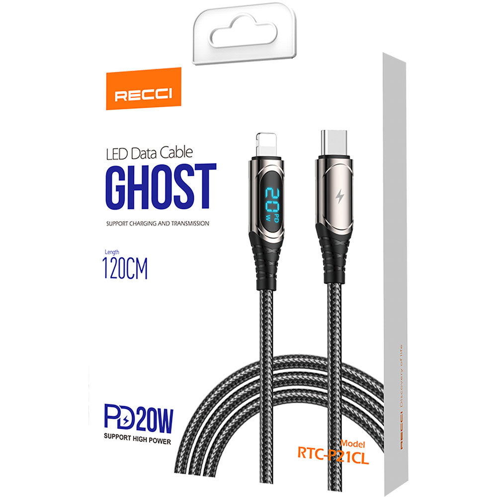 Recci RTC-P21CLPD Ghost Serisi 20W Hızlı Şarj Özellikli Type-C To Lightning PD Kablo 1.2M Siyah