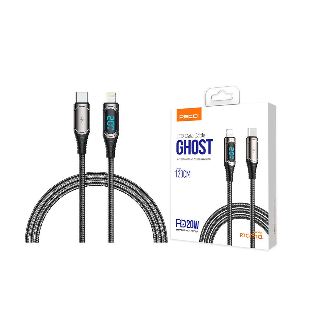 Recci RTC-P21CLPD Ghost Serisi 20W Hızlı Şarj Özellikli Type-C To Lightning PD Kablo 1.2M Siyah