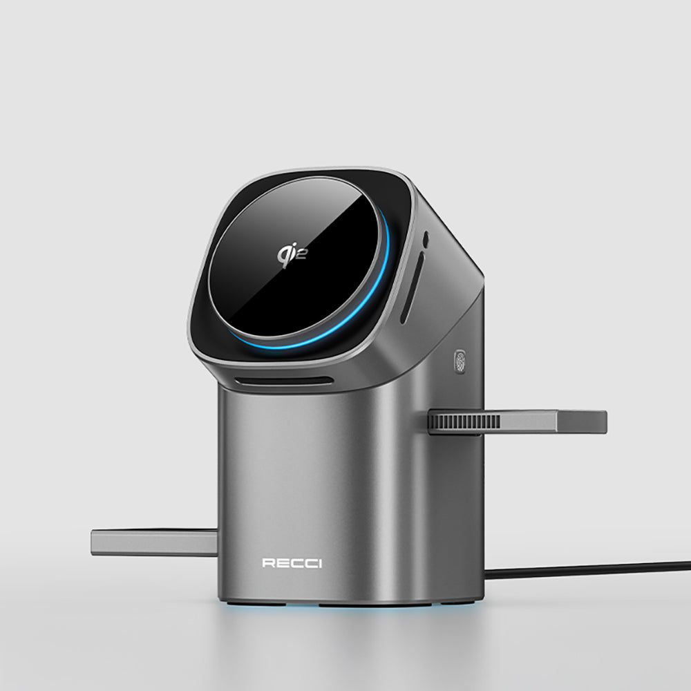 Recci RW05 Qi2 Şarj Teknolojili Ambiyans Işıklı Telefon&Akıllı Saat&Kulaklık 15W 3in1 Kablosuz Şarj Standı Gri