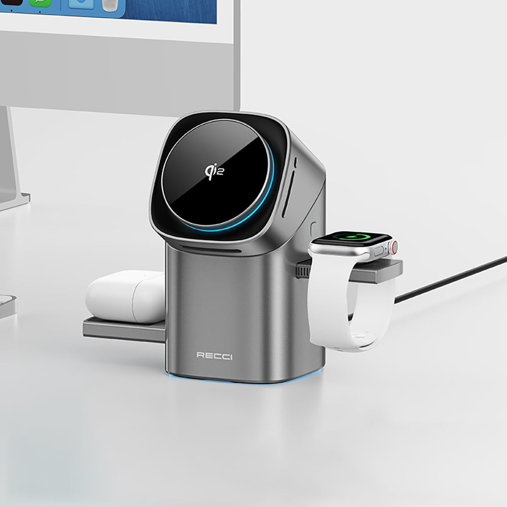 Recci RW05 Qi2 Şarj Teknolojili Ambiyans Işıklı Telefon&Akıllı Saat&Kulaklık 15W 3in1 Kablosuz Şarj Standı Gri