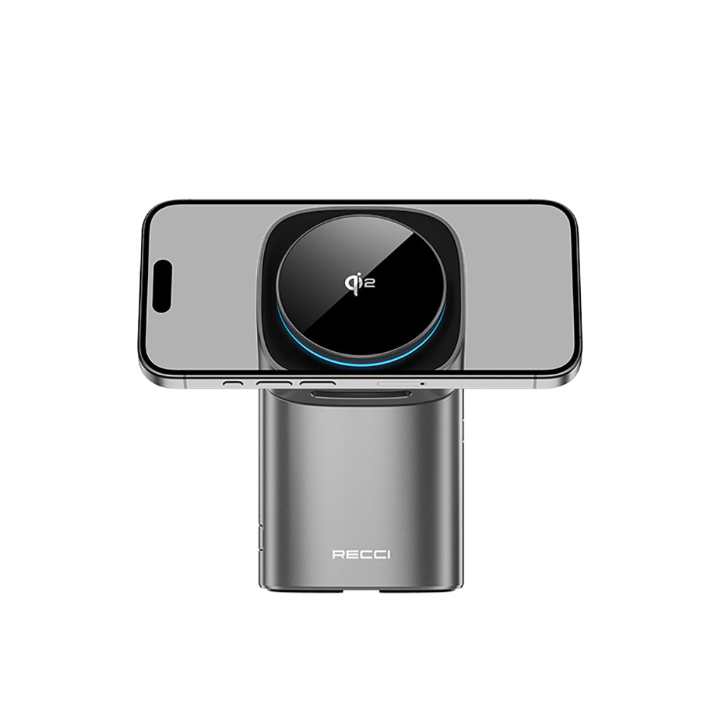 Recci RW05 Qi2 Şarj Teknolojili Ambiyans Işıklı Telefon&Akıllı Saat&Kulaklık 15W 3in1 Kablosuz Şarj Standı Gri